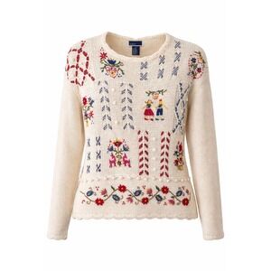 Beldoch Popper Vintage Embroidered Folk Art Sweater Cream Ramie Cotton M Cottage